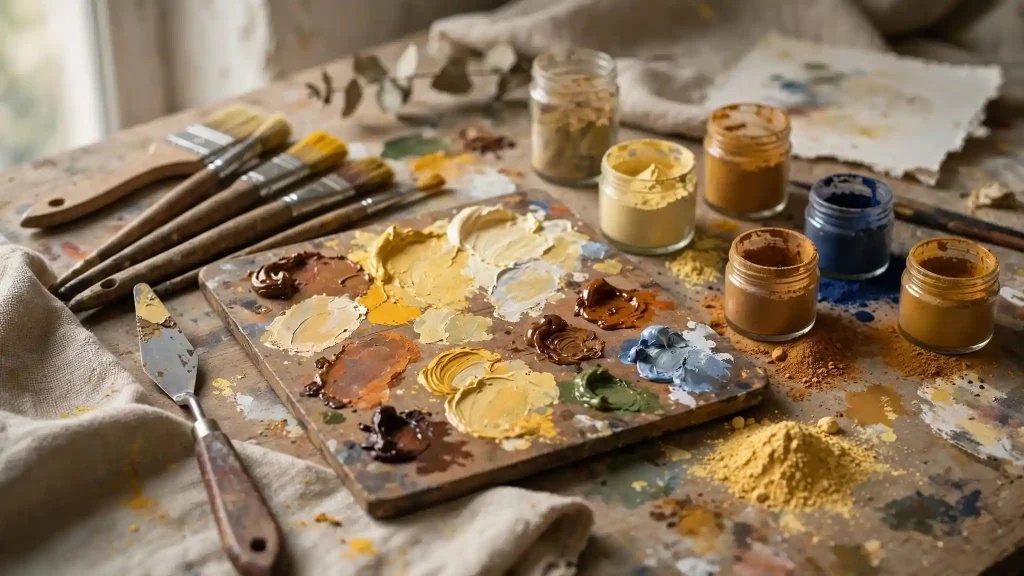 Giallo Napoli colore - palette artistica con pigmenti e tavolozza in legno Tavolozza da pittore in legno con pigmento Giallo Napoli colore cremoso e caldo, vasetti di pigmenti gialli e blu, pennelli e spatola su tavolo da atelier illuminato da luce naturale