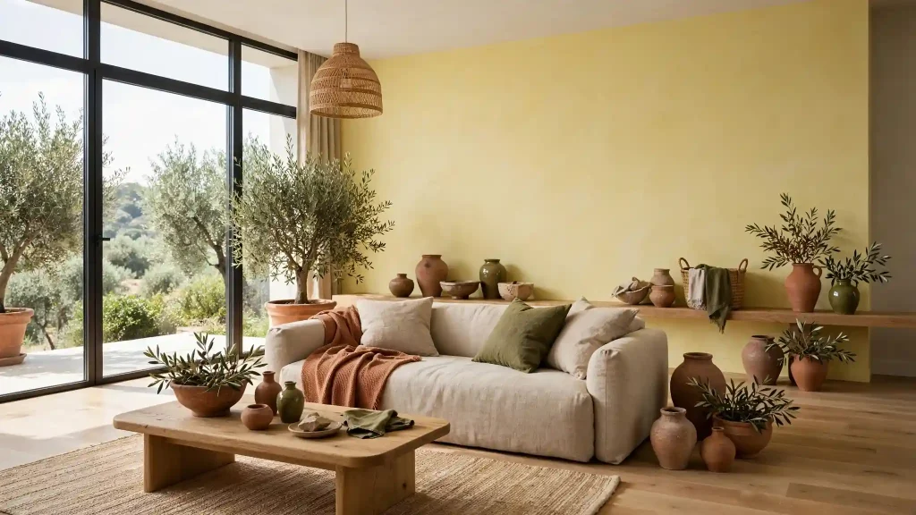 Giallo Napoli colore parete soggiorno moderno con divano beige e dettagli terracotta Soggiorno contemporaneo luminoso con parete in Giallo Napoli colore chiaro, divano in lino beige, pavimento in rovere naturale, ceramiche in terracotta e cuscini verde oliva, grande vetrata su uliveto