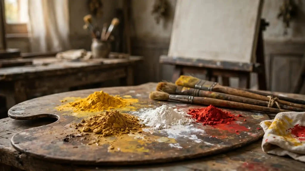 Storia del Giallo Napoli colore - pigmenti del XVIII secolo in atelier storico Tavolozza storica del XVIII secolo con pigmenti Giallo Napoli colore, ocra gialla, bianco di piombo e rosso vermiglio, pennelli tradizionali e tela sullo sfondo in un atelier europeo