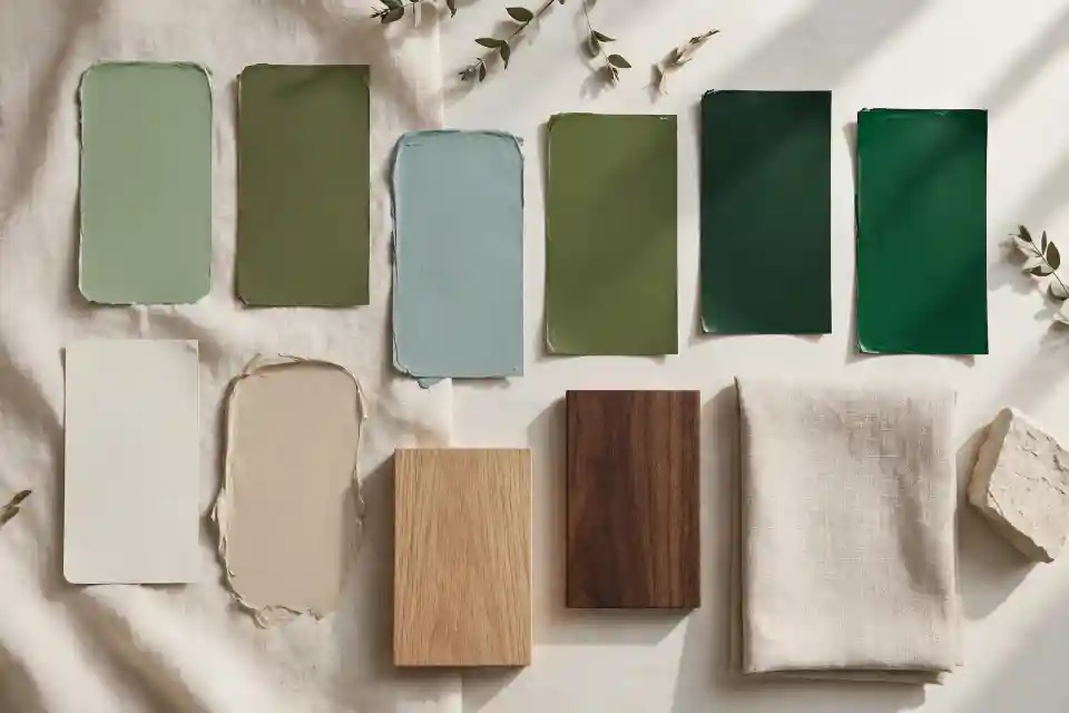 Green Interior Color Palette - Paint and Material Mood Board Interior design mood board with green and neutral paint swatches, light and dark wood samples, beige linen fabric on white textile background