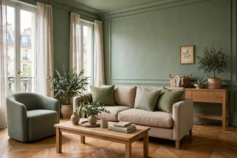 Sage Green Sofa Detail - Cozy Parisian Living Room Close-up view of sage green living room with beige sofa, green velvet cushions, wooden coffee table with books and ceramic vases, olive tree and French windows