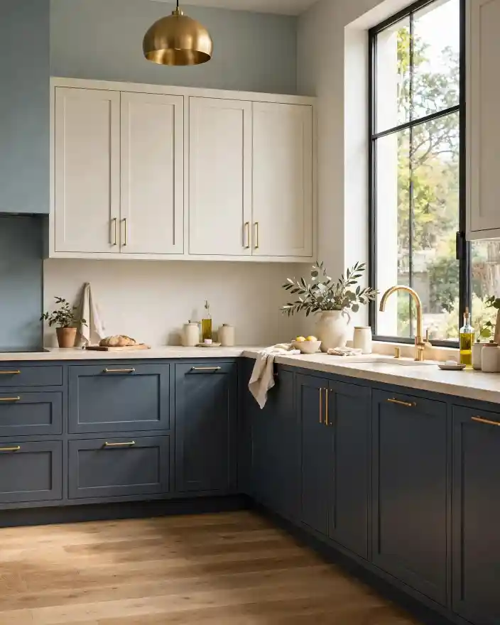 Cucina moderna con mobili Grigio di Payne e dettagli in ottone Cucina angolare moderna con mobili bassi color Grigio di Payne grigio-blu scuro, pensili bianco caldo, piano di lavoro chiaro, rubinetto e lampada a sospensione in ottone satinato, parquet in rovere e grande finestra nera.