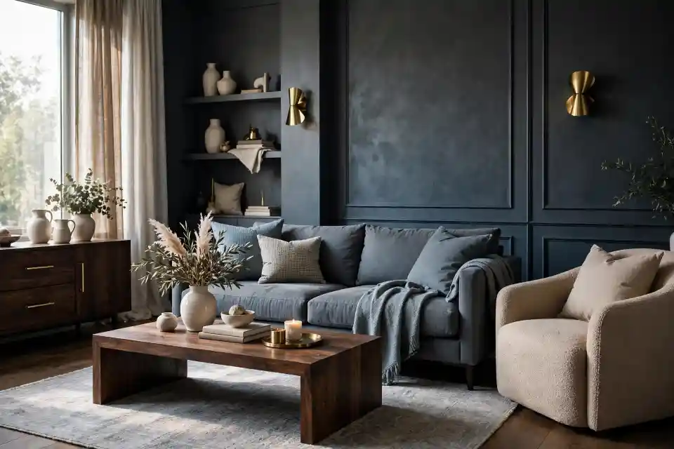Living con parete Grigio di Payne e arredi nei toni caldi terracotta Soggiorno contemporaneo con parete color Grigio di Payne, divano in lino beige chiaro con cuscini terracotta e ruggine, tavolino basso in noce, lampada in ottone satinato e tappeto crema, illuminato da luce naturale calda.