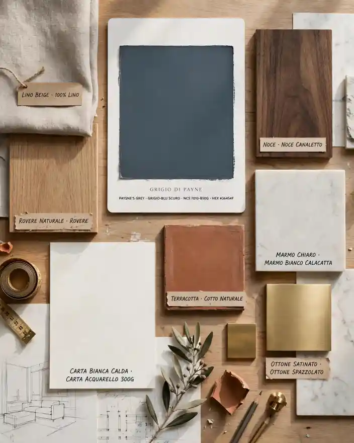 Moodboard Grigio di Payne con abbinamenti legno, terracotta e ottone Moodboard per interior design su tavolo in legno con campione centrale color Grigio di Payne grigio-blu scuro, affiancato da campioni di lino beige, rovere naturale, noce canaletto, terracotta cotto naturale, marmo bianco Calacatta, carta bianca calda e ottone satinato spazzolato.