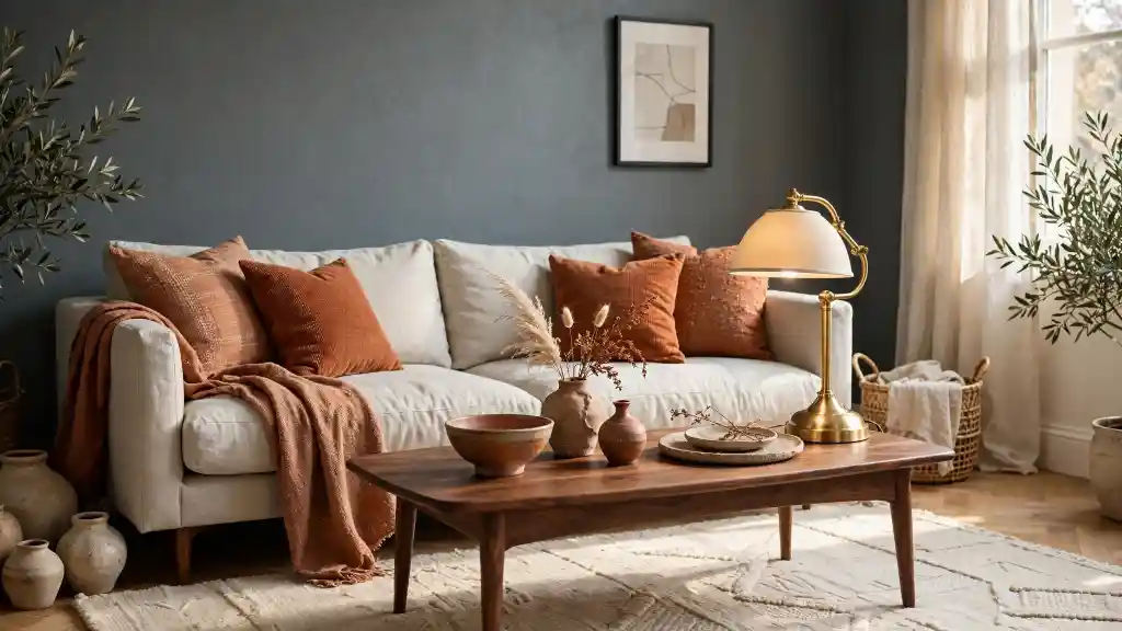 Soggiorno con parete Grigio di Payne e arredi terracotta e legno Soggiorno luminoso con parete color Grigio di Payne grigio-blu scuro, divano in lino bianco con cuscini e plaid terracotta, tavolino basso in legno di noce con vasi in terracotta, lampada da tavolo in ottone e tappeto chiaro in lana.
