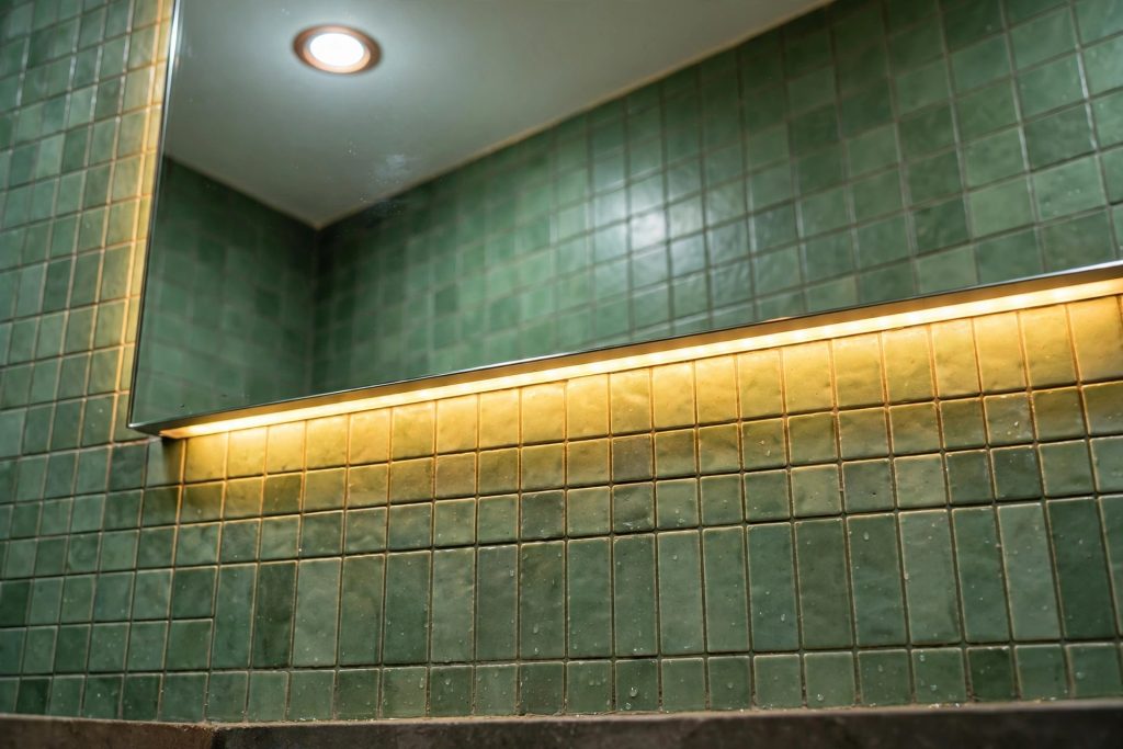 Dettaglio illuminazione per verde per bagno con LED 3000K sotto specchio e faretto 4000K