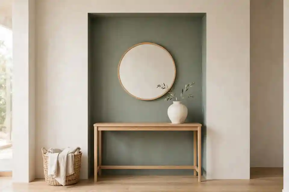 Ingresso contemporaneo con nicchia verde lichene colore e consolle in rovere naturale