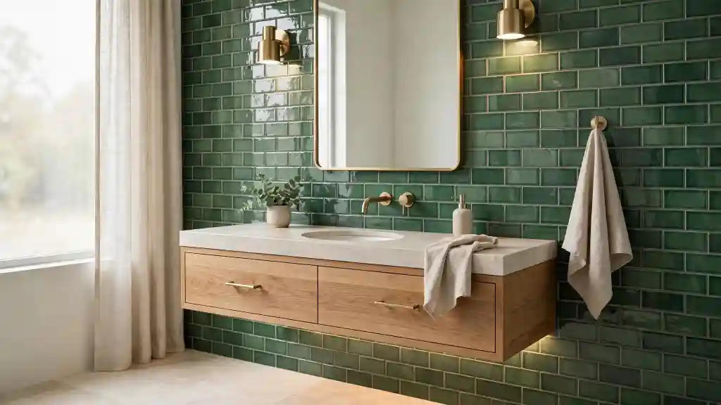 Jade Green Bathroom Tiles with Oak Vanity Contemporary bathroom with Jade Green glazed ceramic wall tiles, floating natural oak vanity, limestone countertop and brushed brass fixtures