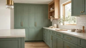 Refined contemporary kitchen with muted Jade Green shaker cabinets, cream quartz worktop, natural oak details and brushed brass handles