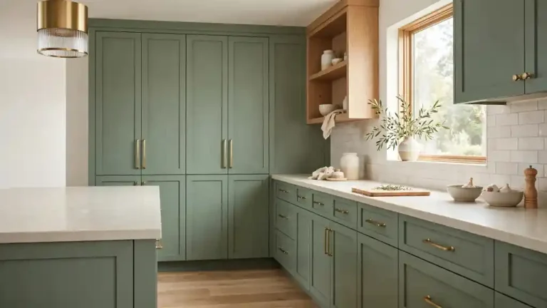Refined contemporary kitchen with muted Jade Green shaker cabinets, cream quartz worktop, natural oak details and brushed brass handles