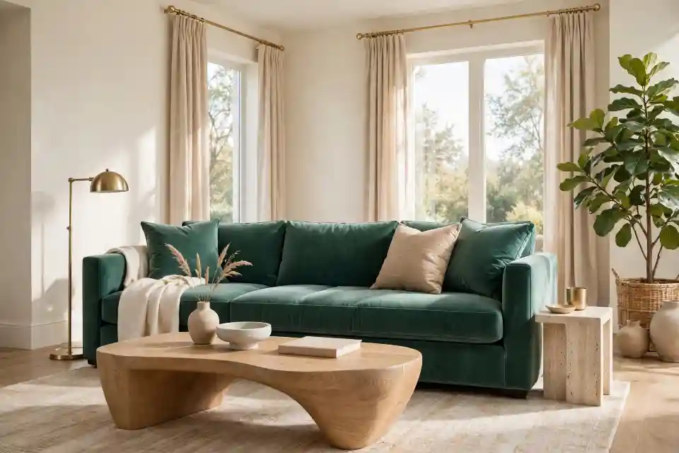 Jade Green Velvet Sofa Makes Living Room Look More Expensive Luxurious living room with Jade Green velvet sofa as focal point, sculptural oak coffee table, ivory walls and beige linen curtains