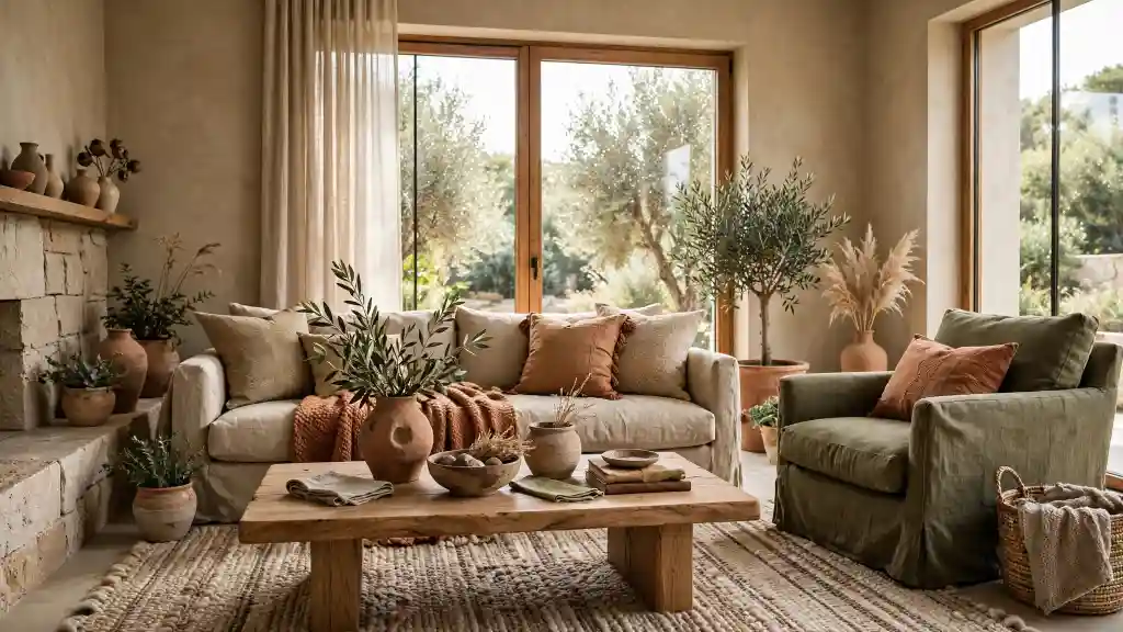 Soggiorno luminoso con pareti color sabbia, divano in lino beige chiaro, poltrona verde oliva, tavolino basso in legno naturale e ceramiche in terracotta, con ulivi e tessuti materici