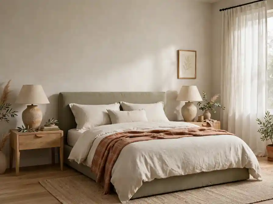 Camera da letto contemporanea con pareti beige sabbia, letto con testiera imbottita verde oliva tenue, biancheria in lino écru e plaid color argilla, comodini in rovere chiaro