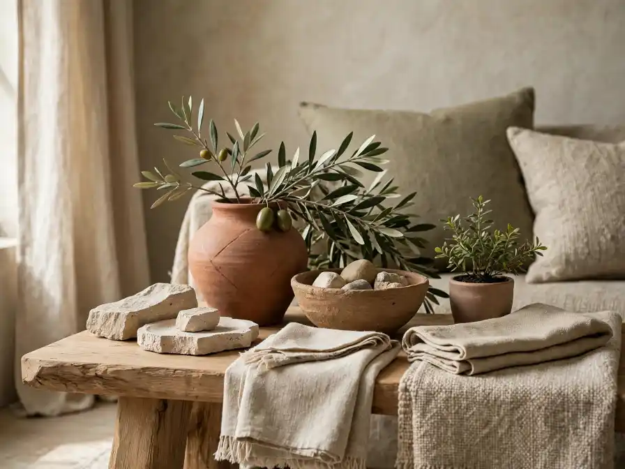 Dettaglio di tavolino in legno naturale con vaso in terracotta color argilla con ramo di ulivo, ciotola artigianale con pietre, piantina verde e tessili in lino sabbia