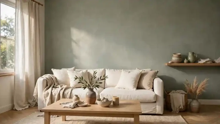 Soggiorno contemporaneo con parete verde tè, divano color panna, tavolino in rovere chiaro e dettagli in ceramica artigianale