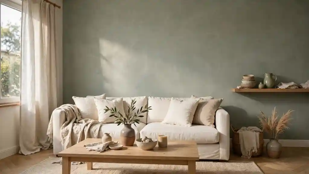 Living luminoso con parete verde tè e stile naturale Living con parete verde tè ben visibile, divano panna, tende in lino e tappeto beige con luce naturale laterale