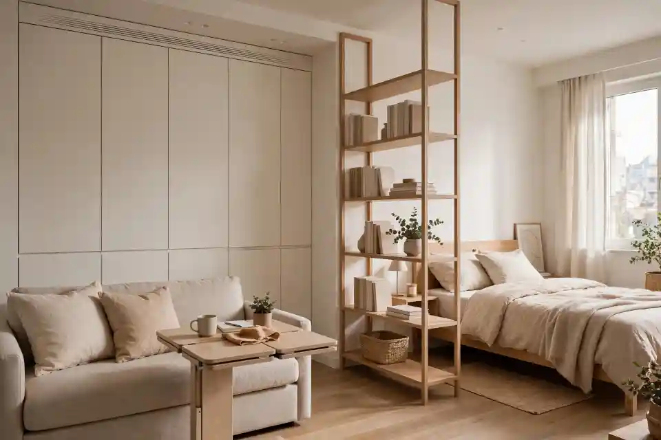 Monolocale con cucina a scomparsa e zona letto separata da libreria Monolocale ben organizzato con cucina a scomparsa salvaspazio chiusa nella parete del living, divano beige con tavolo trasformabile, libreria a giorno in rovere che separa zona letto matrimoniale