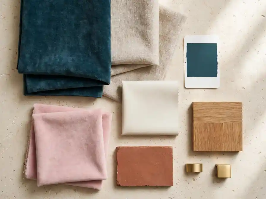 Moodboard abbinamenti colore ottanio con beige rosa terracotta e ottone Moodboard materiali colore ottanio con velluto blu-verde, lino beige, avorio, rosa cipria, terracotta, legno rovere e ottone satinato su pietra crema