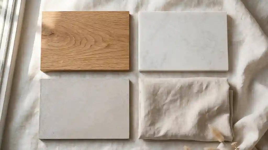 Moodboard materiali naturali con legno marmo e lino per prompt AI per l'arredamento Moodboard con campioni di legno chiaro, marmo bianco, pietra grigia e tessuto in lino beige per un soggiorno in stile naturale, selezionati con prompt AI per l'arredamento