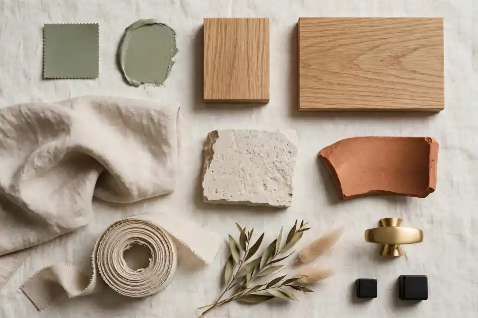 Moodboard verde canna RAL 6013 - abbinamenti materiali naturali rovere lino pietra e ottone Moodboard materiali coordinati con verde canna RAL 6013: campione colore verde smorzato, rovere naturale, lino beige, pietra chiara, terracotta, ottone satinato e nero opaco