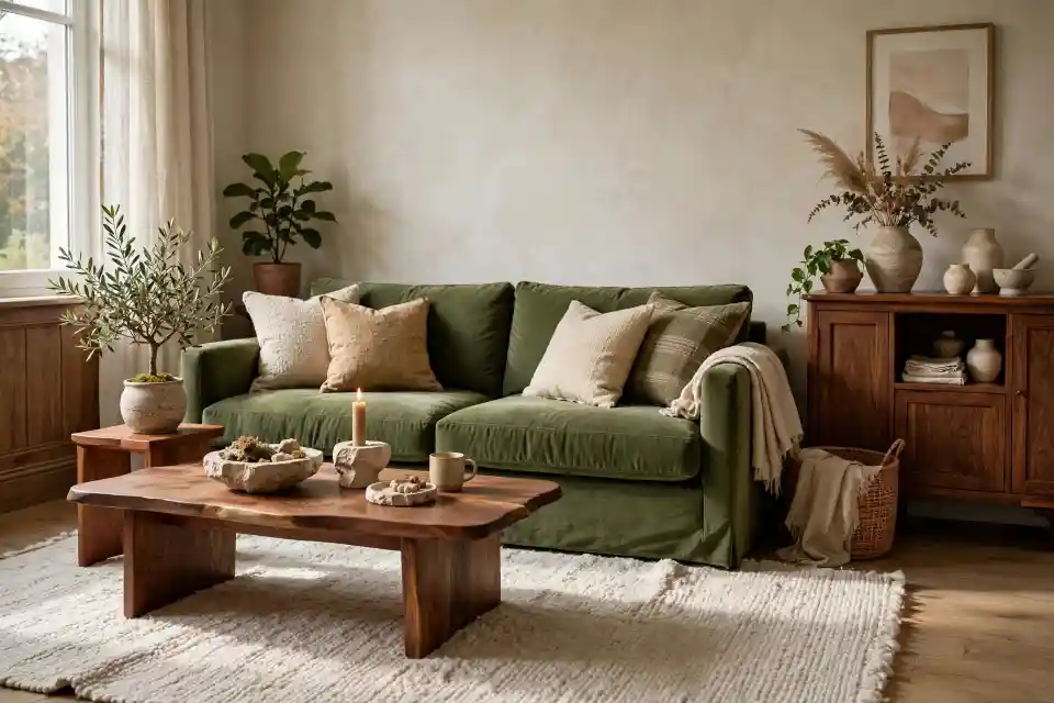Green Velvet Sofa Living Room - Earthy Cozy Decor Cozy living room with deep green velvet sofa, beige cushions, live-edge wooden coffee table, olive tree, plants, sideboard with ceramic vases and pampas grass