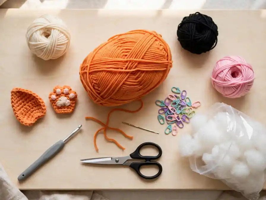 Occorrente per gatto amigurumi all'uncinetto Materiali per creare un gatto amigurumi all'uncinetto disposti su tavolo in legno