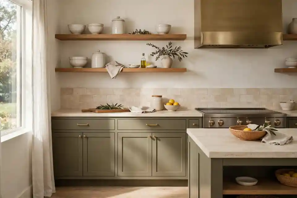 Sage Green Kitchen - Warm Wood and Natural Light Sage green kitchen with wooden open shelves, white ceramic dishes, brass range hood, beige stone backsplash, marble island and window light