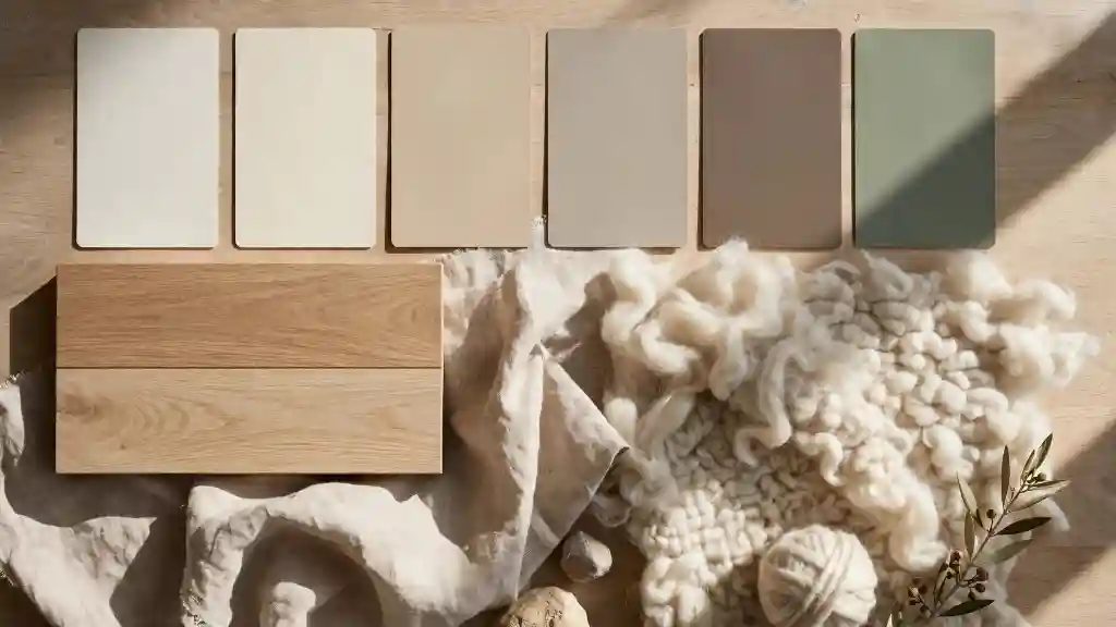 Palette Colori Hygge: Avorio, Crema, Sabbia, Greige, Tortora e Verde Salvia Dettaglio palette per interni hygge con campioni colori avorio, crema, sabbia, greige, marrone tortora e verde salvia, con rovere chiaro, lino grezzo e lana naturale su tavolo luminoso