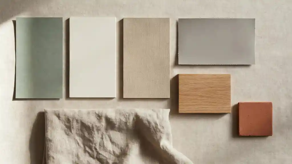 Palette colori verde tè con materiali naturali per interior design Palette interior design dall'alto con campione verde tè, bianco panna, beige, tortora, rovere, terracotta e lino
