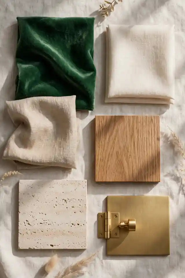 Palette Verde Giada con Avorio, Rovere e Ottone Palette di interior design con campioni in verde giada, avorio caldo, beige sabbia, rovere naturale, travertino e ottone spazzolato