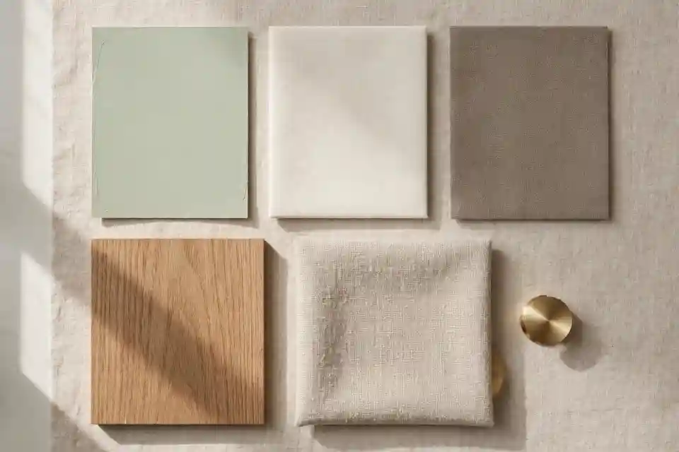 Palette abbinamenti verde tiglio per interior design Palette materiali con verde tiglio chiaro, panna, tortora, rovere, lino e ottone
