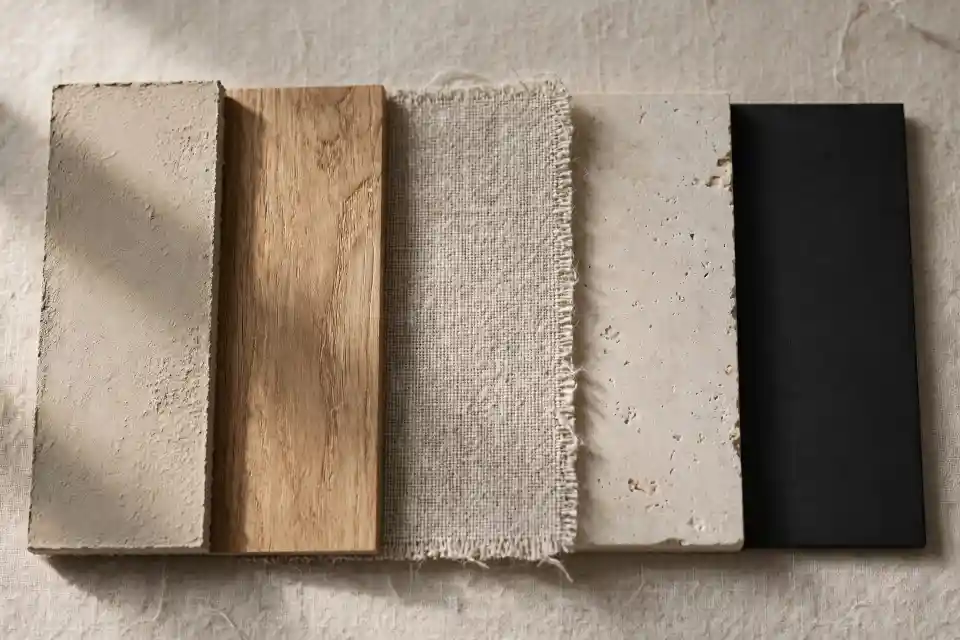 Flatlay materico con campioni di intonaco greige sabbia, legno di rovere, tessuto in lino grezzo, lastra in travertino chiaro e finitura in metallo nero opaco