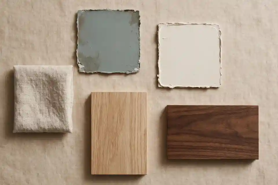 Palette interior design verde eucalipto polvere e legni naturali Palette colori con campione verde eucalipto polvere, lino beige, rovere chiaro e noce