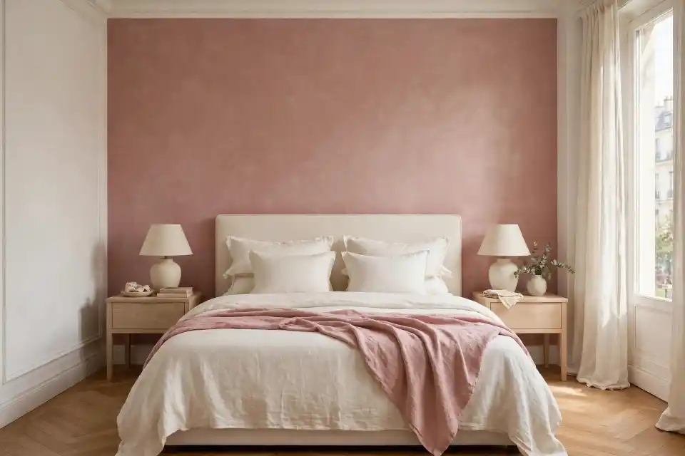 Parete color sabbia rosato dietro il letto con testiera crema e comodini in rovere chiaro