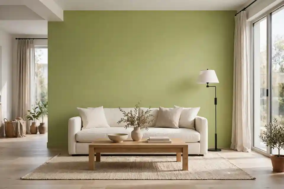 Parete verde tiglio opaca con abbinamento avorio e rovere Parete d'accento verde tiglio in soggiorno moderno con divano avorio e legno rovere