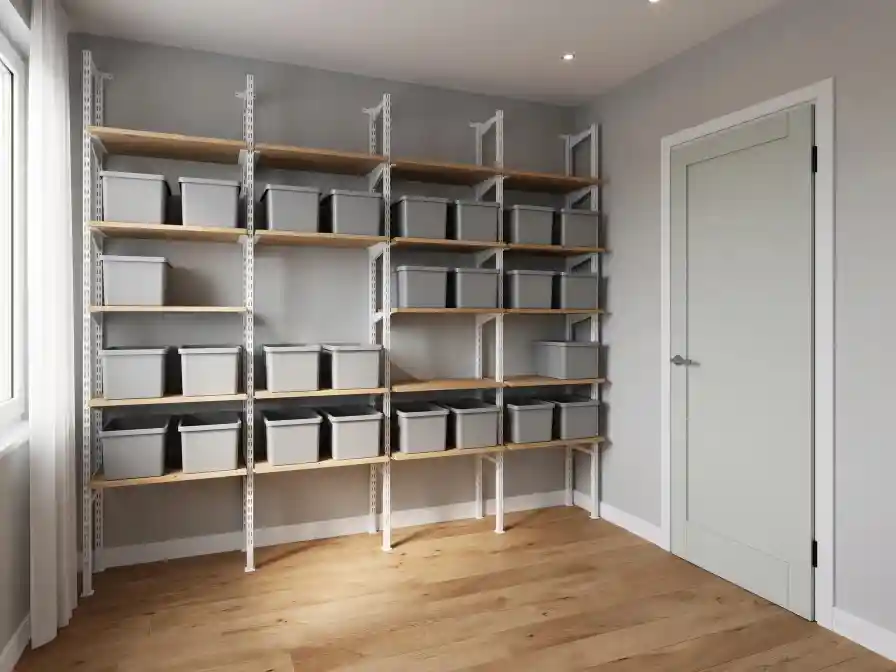 Parete attrezzata con sistema modulare a montanti metallici bianchi in stile BOAXEL IKEA, mensole in legno chiaro di diverse altezze con contenitori grigi uniformi, piccolo locale di servizio luminoso con porta del ripostiglio, pavimento libero in legno e luce diurna diffusa