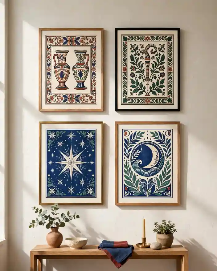 Quattro stampe artistiche carte e tarocchi nell'arredamento per parete contemporanea Parete contemporanea color avorio con quattro stampe artistiche incorniciate ispirate a carte napoletane e tarocchi - due con estetica tradizionale napoletana e due con stelle e luna in blu profondo - sopra consolle in rovere, idea equilibrata per carte e tarocchi nell'arredamento