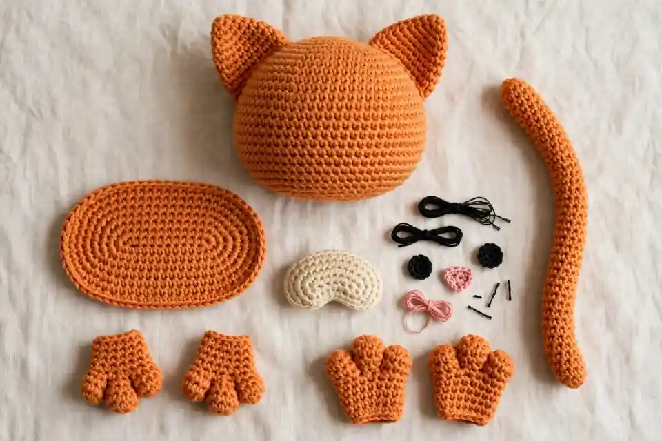 Parti staccate gatto amigurumi all'uncinetto Parti separate di un gatto amigurumi all'uncinetto pronte per essere assemblate