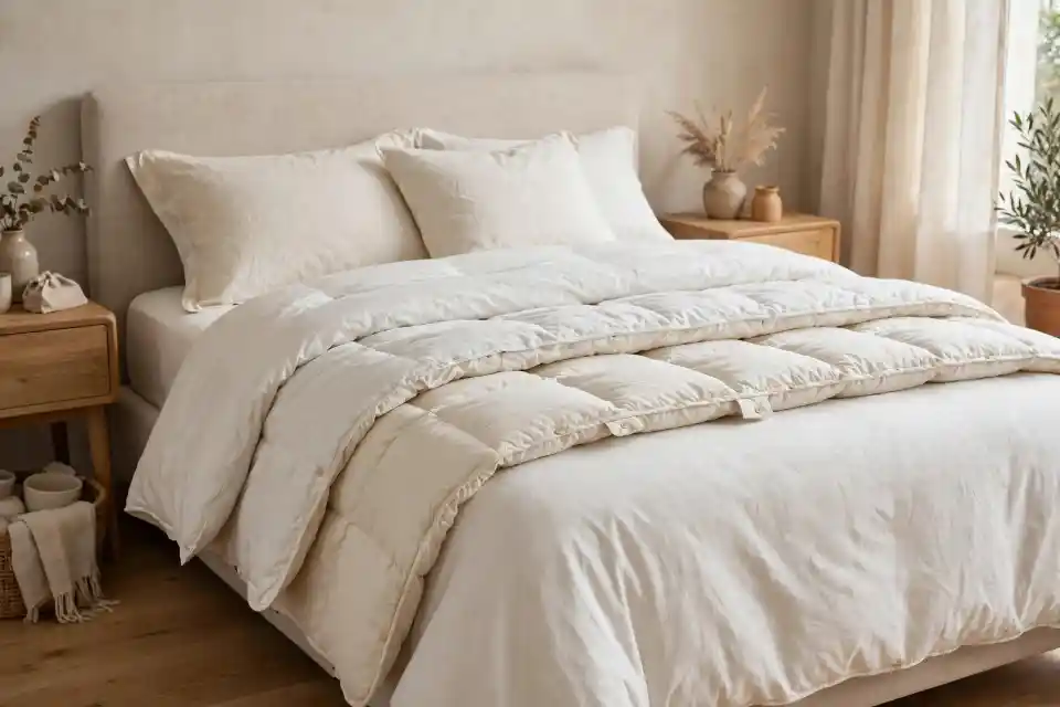 Piumino letto 4 stagioni a due strati - funzionalità e design Piumino letto 4 stagioni con doppio strato separabile mostrato su letto matrimoniale, strato superiore ripiegato per mostrare imbottiture diverse e sistema di fissaggio a bottoni