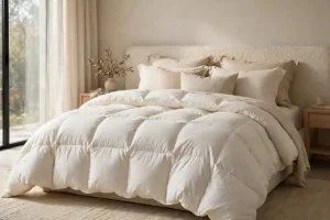 Piumino letto bianco avorio extra voluminoso con trapuntatura a cassettoni in camera da letto moderna luminosa con testiera bouclé e luce naturale da vetrata