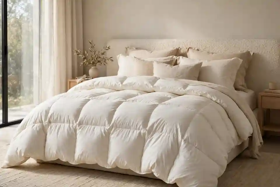 Piumino letto voluminoso bianco in camera da letto moderna - comfort e design Piumino letto bianco avorio extra voluminoso con trapuntatura a cassettoni in camera da letto moderna luminosa con testiera bouclé e luce naturale da vetrata