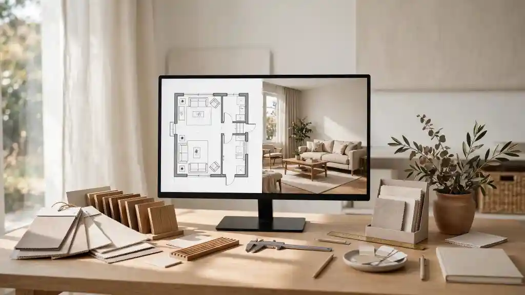 Postazione lavoro interior design con planimetria e rendering 3D - prompt AI per l'arredamento Postazione di lavoro per interior design con monitor con planimetria 2D e rendering 3D del soggiorno, campioni di legno e tessuti neutri