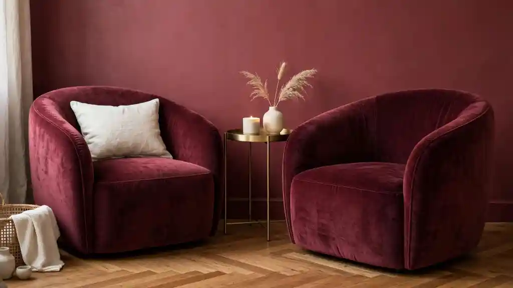 Primo piano di due poltrone in velluto bordeaux con cuscino avorio e tavolino in ottone, parete rosso vino e parquet
