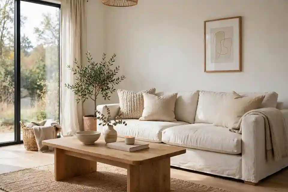 Soggiorno luminoso in stile naturale con divano in lino e legno chiaro, esempio di risultato ottenuto con prompt AI per l'arredamento Soggiorno scandinavo con divano avorio, tavolino in rovere e luce naturale, esempio di risultato ottenuto con prompt AI per l'arredamento
