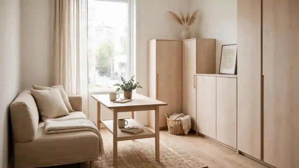 Prompt ChatGPT Arredamento - Monolocale compatto scandinavo-minimalista con divano sabbia e tavolo in legno chiaro