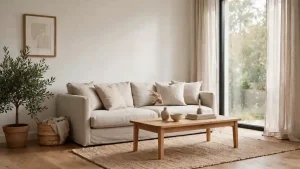 Prompt ChatGPT Arredamento - Soggiorno in stile scandinavo con divano beige e legno chiaro