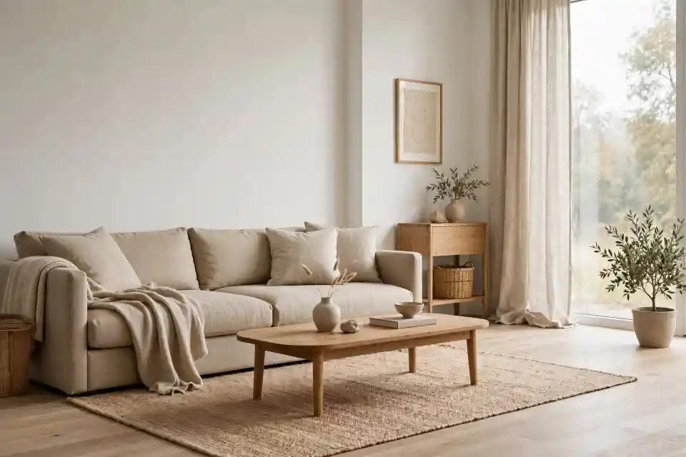 Prompt ChatGPT Arredamento - Fotografia editoriale di soggiorno contemporaneo in stile scandinavo-minimalista con divano beige sabbia