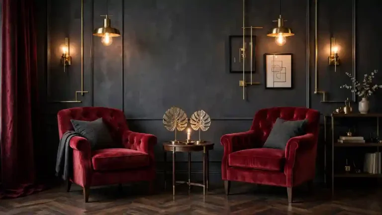 Angolo conversazione Red Room ispirato a Uomini e Donne con due poltrone in velluto bordeaux, parete rosso vino, tavolino nero e ottone e luce calda