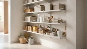 Piccolo ripostiglio domestico in stile scandinavo con scaffalatura modulare bianca in metallo tipo BOAXEL IKEA, ripiani con scatole neutre, cesti in vimini, prodotti per la pulizia ordinati, pareti bianco caldo e pavimento chiaro, luce naturale
