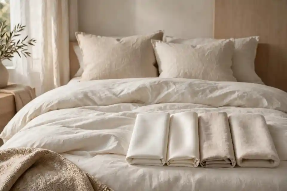 Tessuti per piumino letto: percalle, raso, lino e flanella a confronto Letto matrimoniale con piumino letto avorio stropicciato e quattro campioni di tessuti piegati: percalle, raso di cotone, lino e flanella su copripiumino